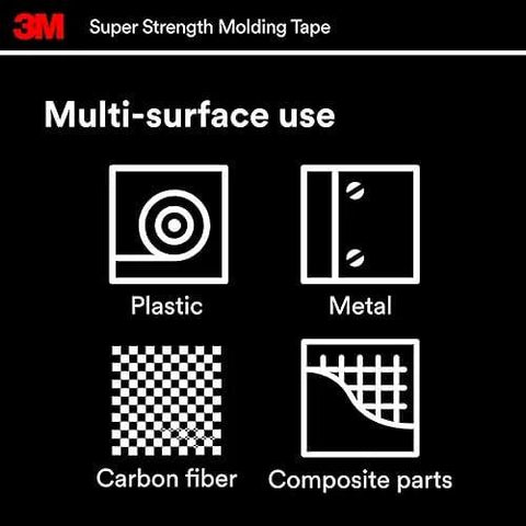 Heavy-Duty Automotive Molding Tape 7/8 Inch Wide By 15 Feet, icons showing use on plastic, metal, carbon fiber, composite parts