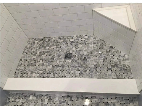 Super White Engineered Marble Threshold for Shower Curb, Bathroom Vanity Backsplash, Window Sill, Door Transitions (4" x 36") installed view.