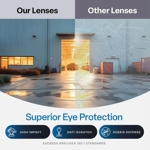 Comparison of Crevalle Anti Fog Safety Glasses With UV Protection And Blue Mirror Lens and other lenses shown on a warehouse exterior