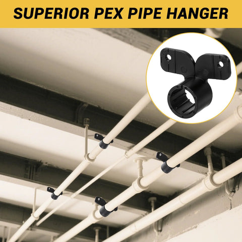 Nylon PEX pipe hangers in black securing white PEX pipes along a basement ceiling; several clamps visible.