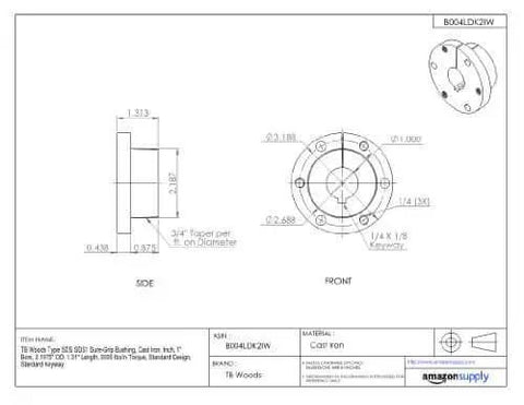 Technical diagram of Sure Grip Bushing For Drive Shaft SDS1 Cast Iron 1 Inch Bore 2.1875 Inch OD 1.31 Inch Length 5000 Lb In Torque Split Flange Keyed For Pulleys Sprockets And Sheaves TB Woods