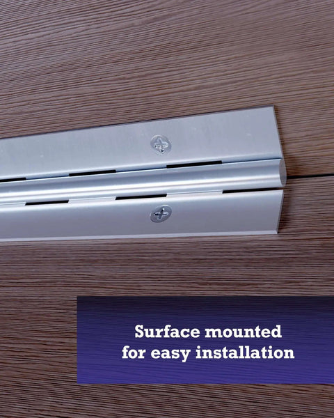 Surface-mounted Heavy-Duty Continuous Pin Piano Hinge, 36 Inch by 1-1/2 Inch, Nickel Plated for cabinets and tool sheds.
