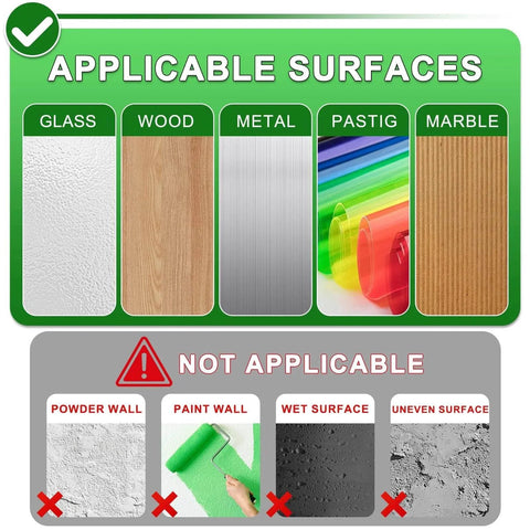 Surface compatibility chart for Transparent Window Weather Sealing Tape 2 Inch x 33 FT, showing applicable and not applicable surfaces.