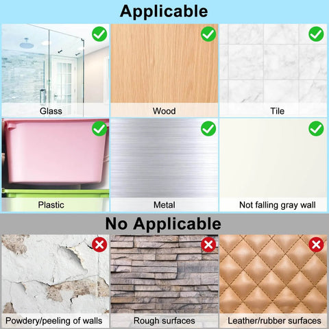 Surface compatibility chart for various materials, showing suitable and unsuitable surfaces for use, including glass, wood, tile, and more.