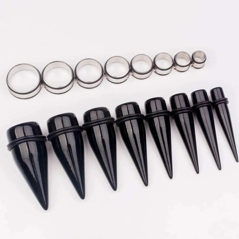Essential 32 Piece 00G Ear Stretching Kit with black acrylic tapers and steel tunnels for 1 inch gauge by CABBE KALLO