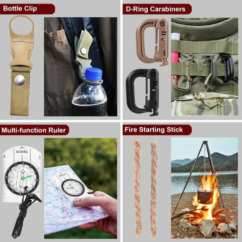 118-In-1 Survival Kit For Outdoor Adventurers And Weekend Preppers Military-Grade Emergency Gear Bundle featuring tools like bottle clip, D-ring carabiners, multi-function ruler, and fire starting sticks.