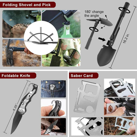 118-In-1 Survival Kit For Outdoor Adventurers And Weekend Preppers Military-Grade Emergency Gear Bundle with tools like folding shovel, knife, and saber card.