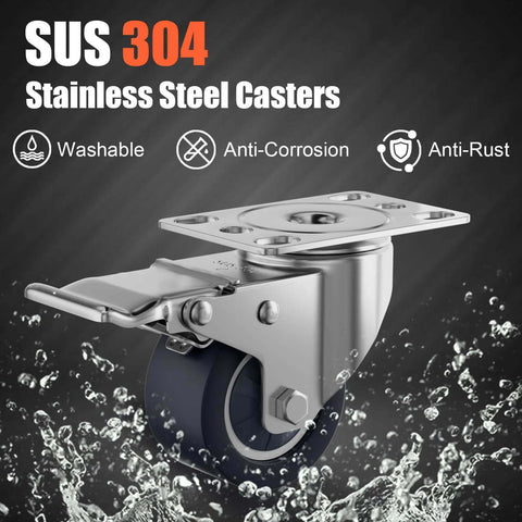 2 inch stainless steel caster wheels with total lock brakes, SUS 304 maintenance free heavy duty casters 4 pack close-up view.