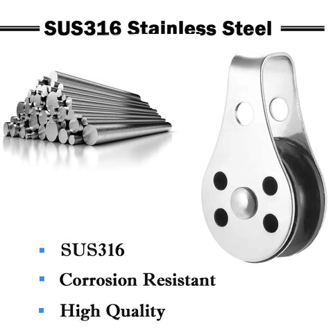 SUS316 Nylon Steel Rope Pulley System Wheel Outdoor Steel Pulley Smooth Cable Rigging Pulley Block Outdoor Suitable for 0.08 to 0.32 Inch Ropes 2Pcs, showing stainless steel and pulley design.