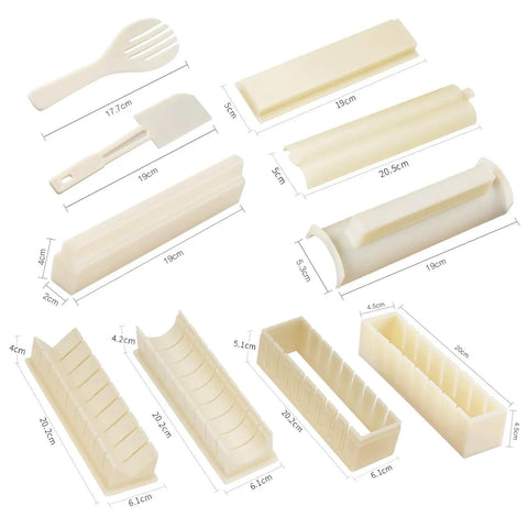 Complete Sushi Making Kit With 3 Shape Molds Rice Roller Tool and Spatula for Pro Looking Home Rolls. Includes tools with measurements.