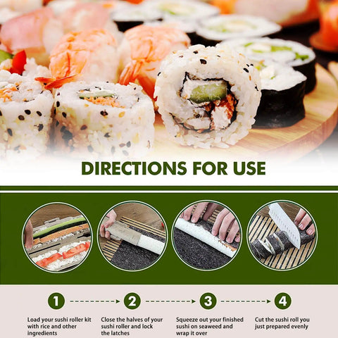 Visual steps for using Heart Shaped Sushi Roller For DIY Sushi Making Kit By Thanice with sushi rolls in background.