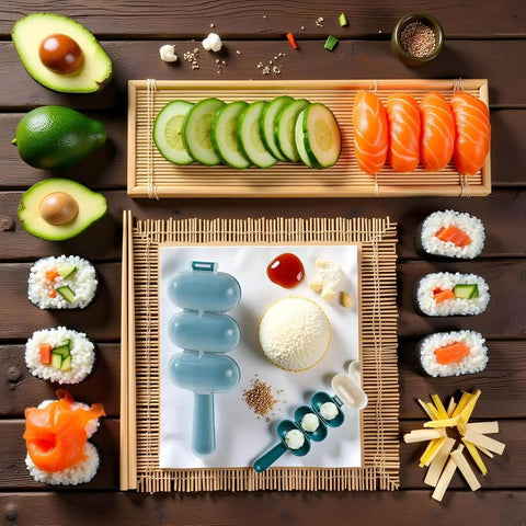 Rice Ball Maker Shake And Mold Kit with sushi ingredients and rice molds on a table, for creating uniform sushi balls at home.