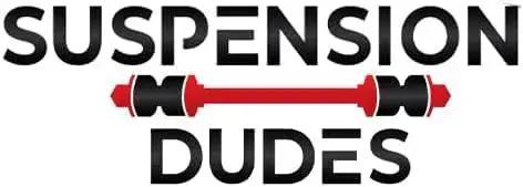 Suspension Dudes logo with red and black shock absorber graphic in between the words.