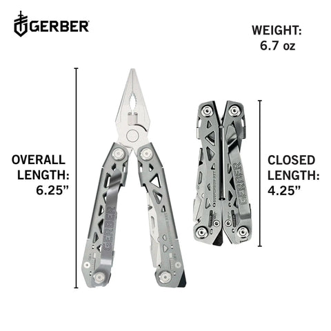 Suspension-NXT 15-In-1 EDC Multi Tool With Pocket Knife, stainless steel multitool open and closed view with size and weight info