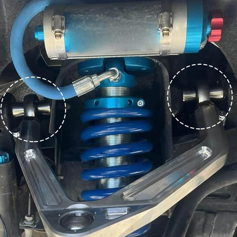 Close-up of 3/4 Heim Joints Rod End Kit in suspension system showing chromoly panhard setup with tube adapters and jam nuts.