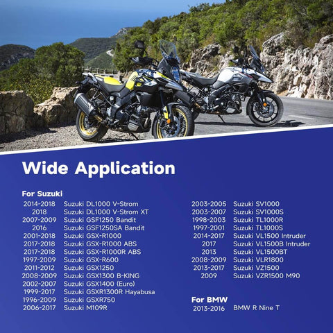 Front Wheel Bearing Seal Kit Compatible With Suzuki Street And Sport Bikes Including DL1000 V Strom GSX R1000 GSX R750 GSX R600 M109R SV1000 TL1000 And More OEM Grade Seal Kit For Easy Install And Long Lasting Protection, shown with compatible Suzuki and BMW bikes.