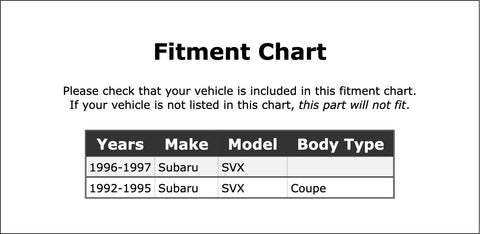 Fitment chart for Subaru SVX coupe 1992-1997 showing applicable years and body types