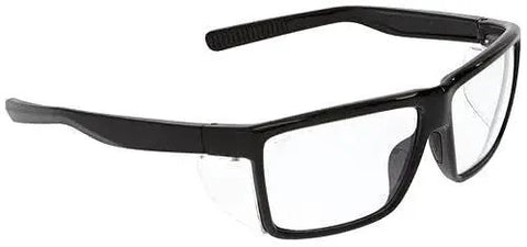 Swagger SR2 Safety Glasses With Detachable Side Shields Scratch Resistant Lenses, black frame, clear polycarbonate lenses, side view.