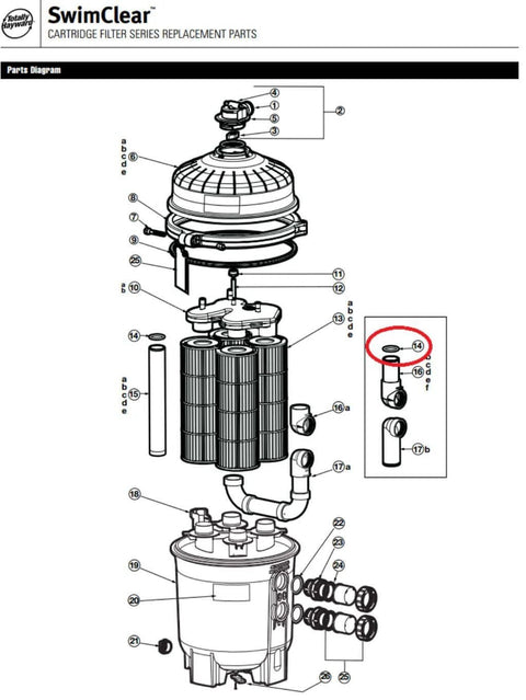Diagram of SwimClear cartridge filter series showing O Ring Two Pack With Lubricant For Hayward Outlet Elbow No Fuss Fit