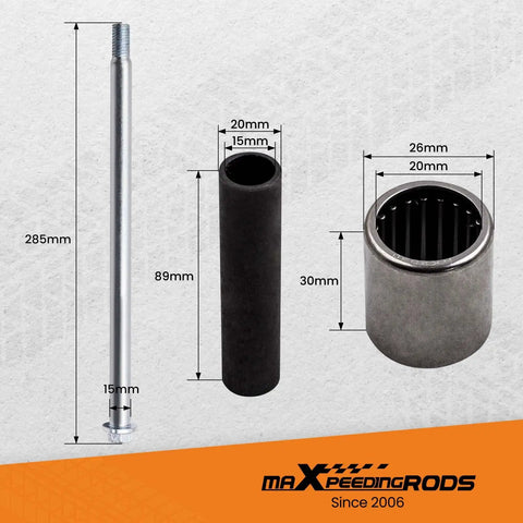 Swing Arm Bolt On Bushing Kit With Shaft Pivot Bolt And Bearing Seal Set For Honda TRX400EX 1999 2008 And TRX400X 2009 2014 Heavy Duty Replacement Parts With Needle Bearing Shafts And Composite Washer Bearings; metal shaft, bushing, and bearing dimensions shown.