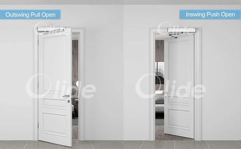 Auto Swing Door Opener With Remote Control, Push Button Entry, shown installed on two white doors, inswing and outswing operations visible.