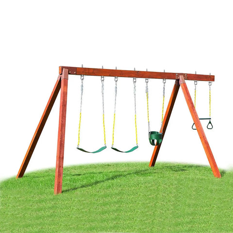 Outdoor swing set on grass with multiple swings attached, showcasing Heavy Duty Swing Hangers With Bearings Set Of 2 for wood and metal beams.