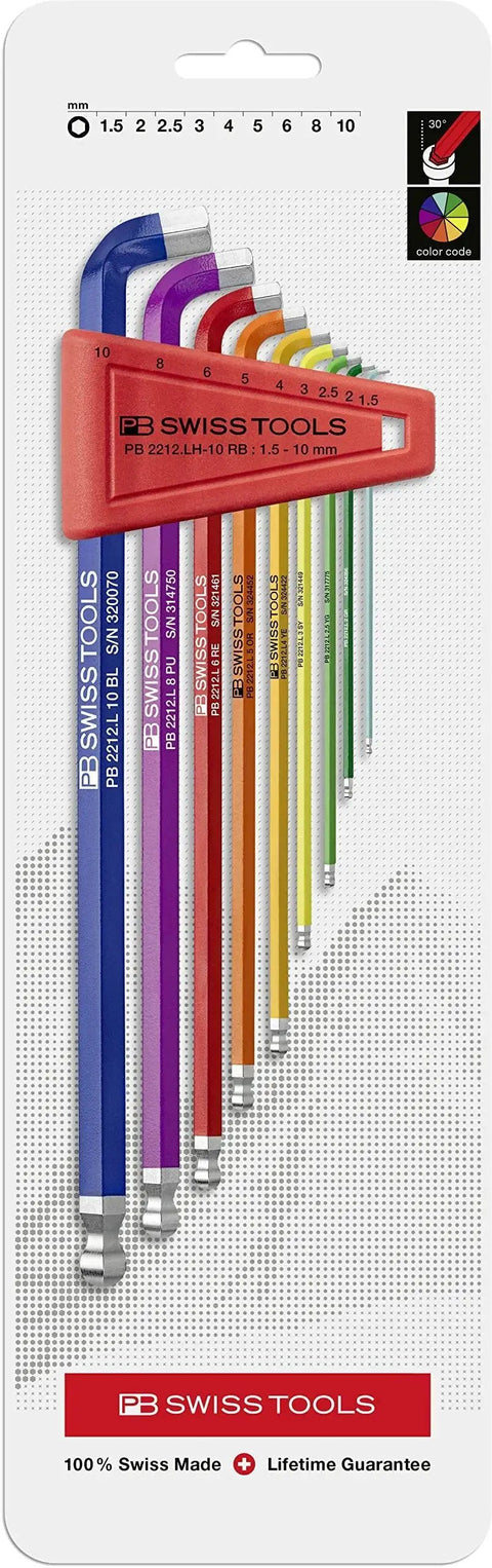 PB Swiss Tools Rainbow Key L Wrench Set 2212 LH 10 RB 9 Piece Hex Key Set with Ball Point and Short Key on display package