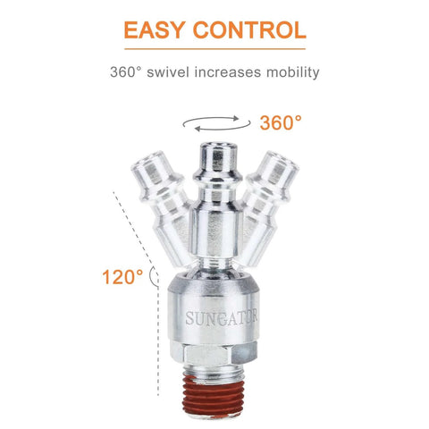 Swivel Air Tool Fittings One Quarter Inch NPT Male Connectors For Quick Connect Hose Systems, 360 Degree Rotatable Industrial Pneumatic Plugs