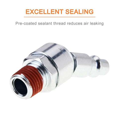 Close-up of a Swivel Air Tool Fittings One Quarter Inch NPT Male Connectors For Quick Connect Hose Systems, 360 Degree Rotatable Industrial Pneumatic Plugs, showcasing pre-coated sealant thread for excellent sealing.