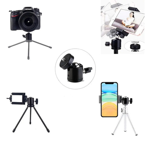 Two Pack Quarter Inch Swivel Mini Ball Head Tripod Mount with 360 Degree Rotating Base, compatible with cameras and accessories.