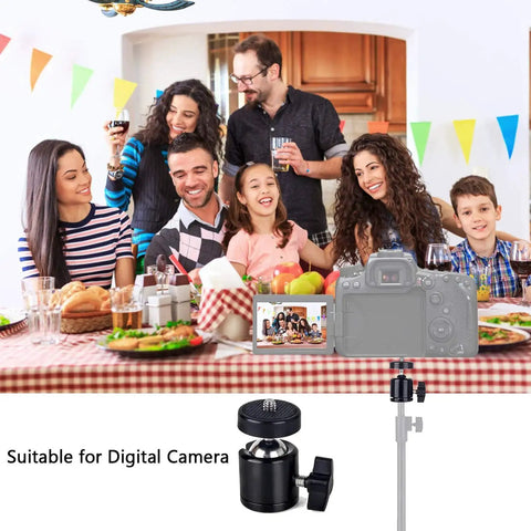 Family at dining table using two pack quarter inch swivel mini ball head tripod mount with camera, suitable for digital cameras.