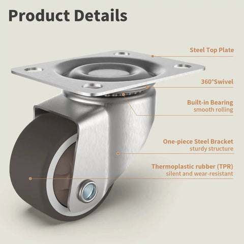 1 Inch Swivel Plate Casters With Low Profile TPR Silent Wheels For Furniture Mounting On Wooden Side Tables Shelving Units And Plant Stands 1.5 Inch Overall Height Top Plate 1.5 By 1 Inches Pack Of 4, showing detailed components