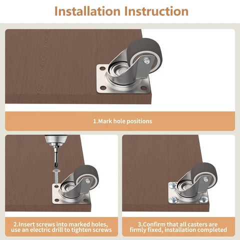 Installation guide for 1 Inch Swivel Plate Casters With Low Profile TPR Silent Wheels For Furniture Mounting On Wooden Side Tables Shelving Units And Plant Stands 1.5 Inch Overall Height Top Plate 1.5 By 1 Inches Pack Of 4