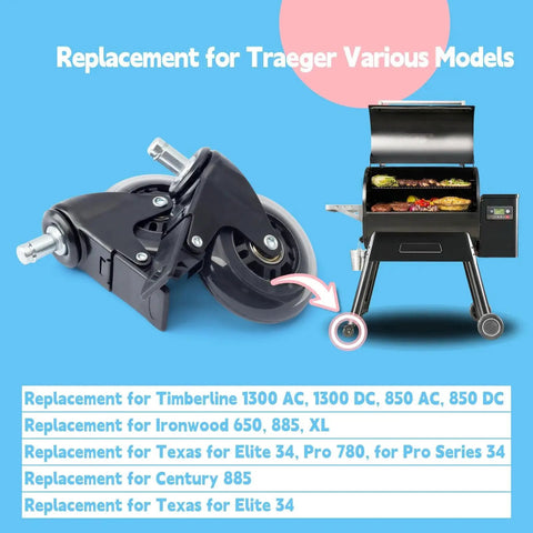 2 Pack 3 Inch Swivel Caster Wheel With Brake Replacement For Traeger Pellet Grills Timberline 850 1300 Ironwood 650 885 Texas Elite 34 Pro 780 Rubber Heavy Duty HDW302 Replacement Wheel Set For Outdoor Grill Cart, shown beside a grill.