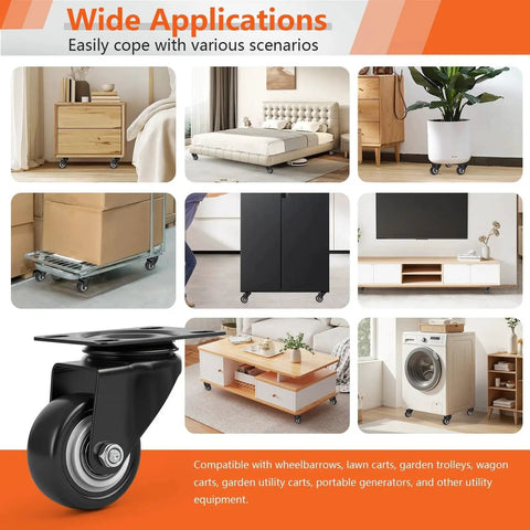 Two Inch Swivel Caster Wheels Set Of Four Heavy Duty Black Polyurethane Casters With Top Plate 360 Degree Rotation In Use