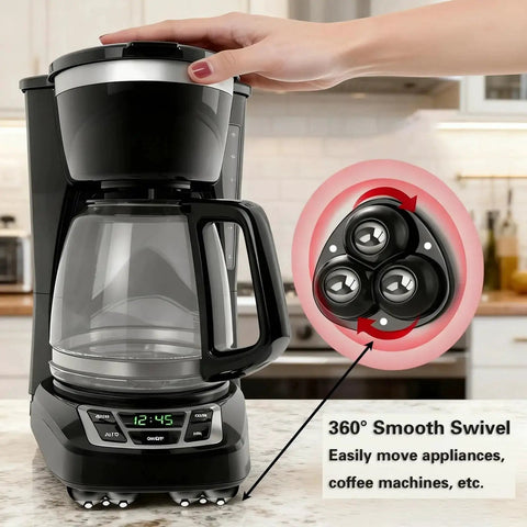 Coffee machine with 360° swivel wheels, easy for moving appliances, part of 4 Pack Self Adhesive Swivel Caster Wheels With 20 Lb Load Per Wheel Low Profile Mobility Rollers For Furniture And Storage Bins And Small Appliances Easy To Install And Move Heavy Objects.