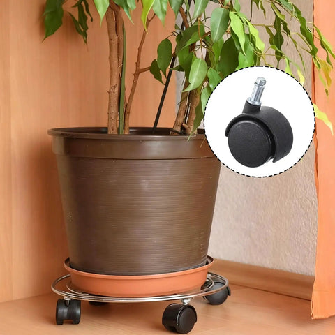 Five Pieces One Point Five Inch Swivel Caster Wheels Set With M8 Circlip Stem 360 Degree Black Plastic Casters For Cabinets Tables Shelves Trolleys Heavy Duty Furniture Replacement Smooth Rolling For Home And Office Use, close-up of caster wheel under plant pot holder.