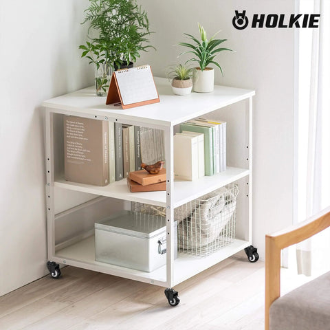 White storage cart with books, plants, and box on 2 Inch Caster Wheels Set of 4 No Brake Swivel Casters with 3/8 Inch 16 x 1 Threaded Stem