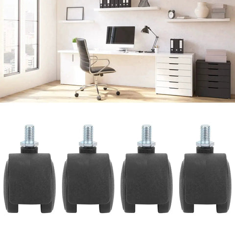 4 Pack Swivel Casters 1.5 Inch 360 Degree Universal Plastic Screw Socket Cabinet Stem Casters Heavy Duty Replacement Wheels For Furniture Cabinets Office Chairs And Workbenches Supports Up To 100 Lbs, shown in front of an office setting