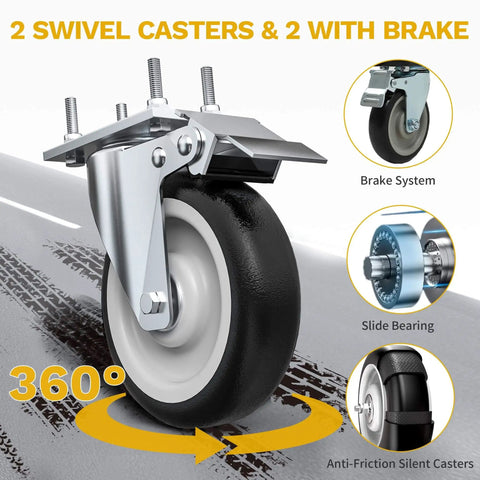 Close-up of swivel caster with brake on Heavy Duty Plastic Utility Cart On Wheels With 1000 Lb Capacity And 2 Shelves DWVO Rolling Service Cart