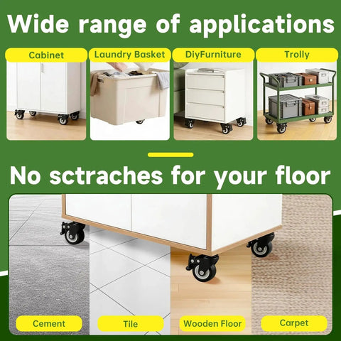 2 Inch Heavy Duty Swivel Plate Casters Set Of 4 With Quiet Rolling And Locking Mechanism Ideal For Furniture Carts Workbenches Shelves And Wooden Cabinets shown on different surfaces