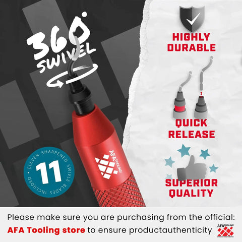 Swivel Head Deburring Tool With Eleven High Speed Steel Blades for precise trimming on metal and PVC with ergonomic red handle