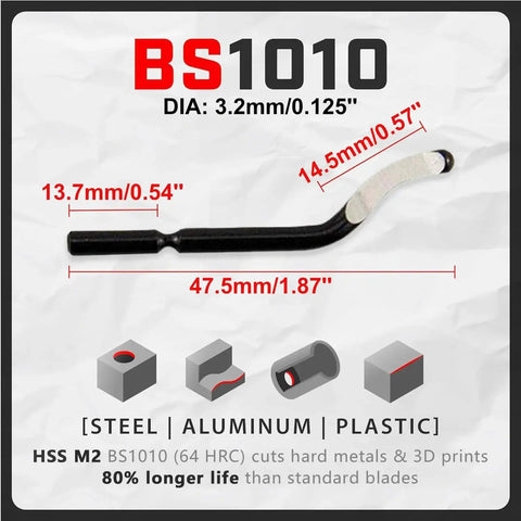 Swivel Head Deburring Tool With Eleven High Speed Steel Blades diagram showing dimensions and materials for metals and 3D prints