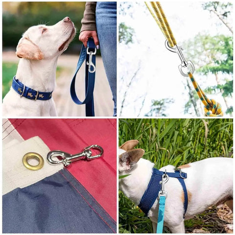 Swivel Eye Bolt Snap Hooks For Pet Leash And Collar Heavy Duty Clips, zinc alloy, shown in use with dog leashes and outdoor gear