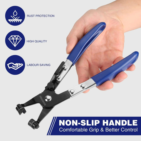 Hose Clamp Pliers With Swivel Flat Band For Easy Removal And Installation Of Spring Hose Clamps In Automotive Fuel Oil And Water Hoses Flexible Jaws Rotating Tip For Narrow Space Access One Point Nine Seven Inch Opening Labor Saving Tool with blue non-slip handle