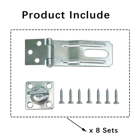 Image showing components of the Three And One Half Inch Swivel Safety Hasp Latch With Twist Knob, 360 Degree Rotation, Lockable For Fence Gates And Cabin Doors, Carbon Steel With Blue And White Zinc Plating For Durability, Easy To Install, 8 Pack including the latch, twist knob, and screws.