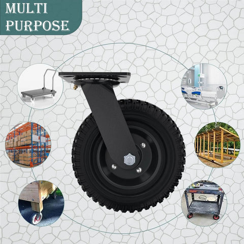 Swivel heavy duty caster wheel, 8 inch*2, 1000lb capacity with black rim, solid rubber, cast iron, shown with multi-purpose uses