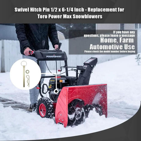 Swivel Hitch Pin 1/2 X 6-1/4 Inch Replacement For Power Max Snowblowers in operation on snow-covered driveway