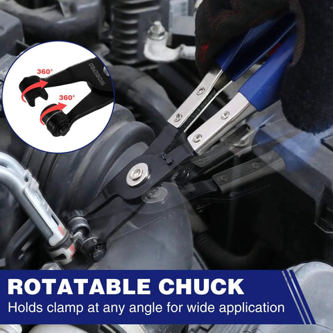 Hose Clamp Pliers With Swivel Flat Band For Easy Removal And Installation Of Spring Hose Clamps In Automotive Fuel Oil And Water Hoses Flexible Jaws Rotating Tip For Narrow Space Access One Point Nine Seven Inch Opening Labor Saving Tool in use on an engine part.