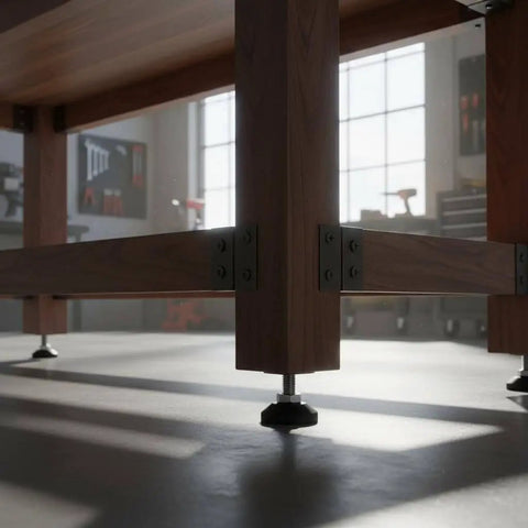 Achieve precise, wobble-free stability with this 4-pack of screw-on swivel leveling feet under a workbench.